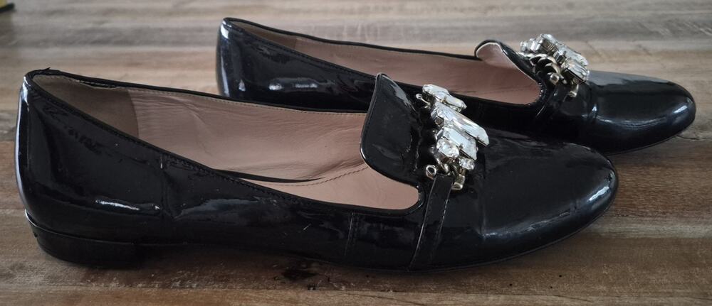 Miu Miu Women's Black Patent Leather Crystal Embellished Loafers Size 40